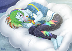 Size: 1200x848 | Tagged: safe, alternate version, artist:uotapo, imported from derpibooru, rainbow dash, equestria girls, equestria girls series, barefoot, beanbag, blushing, clothes, cloud, cute, dashabetes, drool, feet, female, missing shoes, sleeping, solo