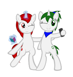 Size: 3124x3276 | Tagged: safe, artist:strategypony, imported from derpibooru, oc, oc only, oc:reno, oc:ruby, pony, unicorn, derpibooru community collaboration, 2021 community collab, bandana, bipedal, cellphone, female, magic, one eye closed, phone, ponytail, rubik's cube, siblings, simple background, sisters, smartphone, telekinesis, transparent background