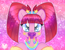 Size: 3514x2713 | Tagged: safe, artist:bunxl, imported from derpibooru, pacific glow, earth pony, pony, bunxl is trying to murder us, cute, female, glowbetes, glowstick, looking at you, mare, pacifier, pigtails, solo, weapons-grade cute