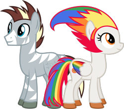 Size: 5710x5000 | Tagged: safe, artist:melisareb, imported from derpibooru, oc, oc only, oc:irene iridium, oc:zee zinc, object pony, original species, pegasus, pony, zebra, derpibooru community collaboration, .svg available, 2021 community collab, absurd resolution, colored wings, duo, element pony, female, gradient wings, looking up, male, mare, multicolored hair, multicolored wings, object zebra, ponified, rainbow hair, rainbow tail, rainbow wings, show accurate, simple background, stallion, transparent background, vector, wings