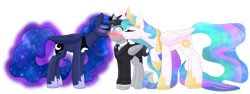 Size: 1280x480 | Tagged: safe, artist:danishdangerdash, imported from derpibooru, princess celestia, princess luna, oc, oc:dapper dash, alicorn, pegasus, pony, blushing, cheek kiss, female, kiss sandwich, kissing, lucky bastard, male, mare, pegasus oc, simple background, stallion, straight, transparent background, trio