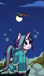 Size: 559x958 | Tagged: safe, artist:kelopsit, imported from derpibooru, starlight glimmer, pony, unicorn, clothes, night, snow, solo, winter
