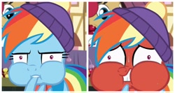 Size: 3264x1737 | Tagged: safe, artist:inflationvideo, edit, edited screencap, imported from derpibooru, screencap, rainbow dash, pegasus, pony, best gift ever, triple pony dare ya, biting, female, impatient, mare, puffy cheeks, red face, screenshots, solo focus, sweat, wing bite, wtf