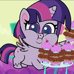 Size: 1080x1080 | Tagged: safe, edit, imported from derpibooru, screencap, twilight sparkle, alicorn, pony, my little pony: pony life, pie vs. pie, spoiler:pony life s01e39, adorafatty, chubby cheeks, cropped, cupcake, cute, donut, dough-cup-pop, eating, fat, female, food, g4.5, looking at you, mare, obese, princess twilard, twilard sparkle, twilight sparkle (alicorn)