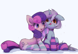 Size: 4144x2871 | Tagged: safe, artist:lexiedraw, imported from derpibooru, bon bon, lyra heartstrings, sweetie drops, earth pony, pony, unicorn, adorabon, clothes, collar, cute, female, lesbian, licking, licking lips, lyrabetes, lyrabon, shipping, simple background, smiling, socks, striped socks, tongue out, white background