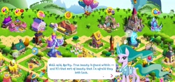 Size: 2312x1080 | Tagged: safe, imported from derpibooru, screencap, lyra heartstrings, mistmane, unicorn, candy, candy cane, clock tower, food, game screencap, gameloft, magic mirror, ponyville, super speedy cider squeezy 6000, tree, twilight's castle