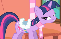 Size: 2222x1443 | Tagged: safe, imported from derpibooru, screencap, twilight sparkle, pony, unicorn, winter wrap up, bedroom eyes, clothes, cropped, female, golden oaks library, lidded eyes, mare, saddle, scarf, solo, tack, unicorn twilight