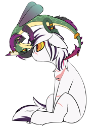 Size: 1668x2220 | Tagged: source needed, safe, artist:beardie, edit, imported from derpibooru, oc, oc:escalation, oc:yiazmat, draconequus, unicorn, blood, horn, hypnosis, kaa eyes, male, sting, stinger, swirly eyes, unicorn oc