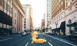 Size: 4224x2523 | Tagged: safe, artist:crazypinkamena, imported from derpibooru, applejack, earth pony, human, pony, bicycle, car, city, female, high res, irl, irl human, mare, photo, photoshop, ponies in real life, sitting, smiling, solo, solo focus, street, traffic light