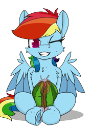 Size: 2700x3800 | Tagged: safe, artist:dacaoo, imported from derpibooru, rainbow dash, pegasus, pony, colored pupils, female, food, frog (hoof), grin, hooves, looking at you, mare, one eye closed, simple background, sitting, smiling, solo, thigh crush, transparent background, underhoof, watermelon, watermelon crush, wings