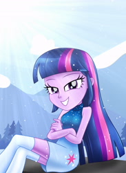 Size: 3000x4096 | Tagged: safe, artist:aryatheeditor, imported from derpibooru, twilight sparkle, alicorn, equestria girls, bare shoulders, beautiful, bedroom eyes, boots, clothes, cute, cutie mark, cutie mark on clothes, digital art, dress, element of magic, female, grin, looking at you, mountain, outfit, photo, shoes, sitting, sleeveless, sleeveless turtleneck, smiling, smiling at you, snow, snowflake, socks, thigh highs, twiabetes, twilight sparkle (alicorn), winter