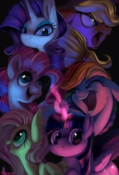 Size: 1471x2160 | Tagged: safe, artist:женьшеня, imported from derpibooru, applejack, fluttershy, pinkie pie, rainbow dash, rarity, twilight sparkle, alicorn, earth pony, pegasus, pony, unicorn, black background, eyes closed, female, floppy ears, looking at you, looking away, looking up, magic, mane six, mare, open mouth, simple background, smiling, smiling at you, twilight sparkle (alicorn)