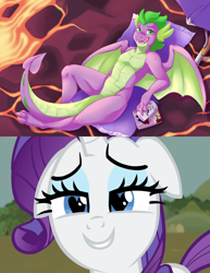 Size: 5100x6600 | Tagged: safe, artist:mlpfwb, edit, edited screencap, imported from derpibooru, screencap, rarity, spike, dragon, simple ways, absurd resolution, beach towel, belly button, commission, detailed background, dragon lands, female, full color, heart eyes, lava, lava pool, licking, licking lips, lotion, lying down, lying on the ground, magazine, male, older, older spike, relaxing, shipping, shipping domino, smiling, sparity, spread wings, straight, stretching, stupid sexy spike, sun bathing, tail, tongue out, umbrella, vacation, warm, wingding eyes, winged spike, wings