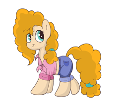 Size: 1400x1200 | Tagged: safe, artist:amateur-draw, imported from derpibooru, pear butter, earth pony, pony, clothes, cute, daisy dukes, denim shorts, female, females only, front knot midriff, mare, midriff, shorts, simple background, solo, white background