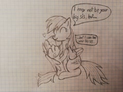 Size: 2304x1728 | Tagged: safe, artist:reicen, imported from derpibooru, rainbow dash, scootaloo, pegasus, pony, cute, dialogue, female, filly, floating heart, graph paper, heart, hug, mare, monochrome, pencil drawing, scootalove, sibling love, sisterly love, sketch, speech bubble, traditional art, winghug