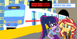 Size: 820x416 | Tagged: artist needed, safe, artist:electrahybrida, artist:thebarsection, imported from derpibooru, sci-twi, sunset shimmer, twilight sparkle, equestria girls, equestria girls series, canterlot city, canterlot city subway, canterlot city transit, canterlot high, canterlot high school station, female, food, lesbian, metro, platform, scitwishimmer, shipping, shipping fuel, station, subway, subway station, subway train, sunsetsparkle, train, train station