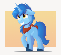 Size: 3978x3550 | Tagged: safe, artist:arcane-thunder, imported from derpibooru, oc, oc only, pony, unicorn, bandana, bow, floppy ears, male, raised hoof, smiling, solo, stallion, tail bow