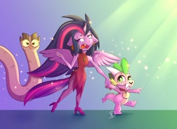 Size: 1280x931 | Tagged: safe, artist:mdragonflame, imported from derpibooru, owlowiscious, spike, twilight sparkle, alicorn, anthro, bird, dragon, owl, pony, spoiler:the owl house, boots, clothes, collar, crossover, dress, edalyn clawthorne, gem, heterochromia, high heel boots, hooty, hooty the owl, king (the owl house), king clawthorne, pantyhose, pet tag, shiny, shoes, skull, spoilers for another series, the owl house, twilight sparkle (alicorn)