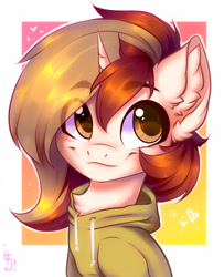 Size: 1300x1600 | Tagged: safe, artist:falafeljake, imported from derpibooru, oc, oc only, pony, unicorn, abstract background, chest fluff, clothes, ear fluff, eye clipping through hair, eyebrows, eyebrows visible through hair, hoodie, looking at you, smiling, solo