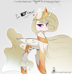 Size: 2975x3059 | Tagged: safe, artist:therealf1rebird, imported from derpibooru, princess celestia, alicorn, pony, series:whiteshark division, 30 minute art challenge, alternate design, blatant lies, blushing, clothes, cross-popping veins, cute, eye clipping through hair, female, horn, i'm not cute, looking back, mare, socks, solo, wings