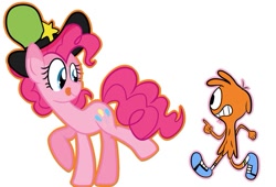 Size: 563x383 | Tagged: artist needed, safe, imported from derpibooru, pinkie pie, crossover, duo, hat, missing accessory, missing hat, pinkie being pinkie, simple background, sweet dreams fuel, tongue out, wander (wander over yonder), wander over yonder, white background