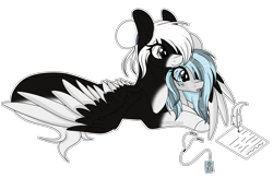 Size: 6459x4218 | Tagged: safe, artist:kireiinaa, imported from derpibooru, oc, oc only, oc:alea, pegasus, pony, absurd resolution, feather, female, looking down, lying down, mare, mp3 player, pegasus oc, simple background, transparent background, wings