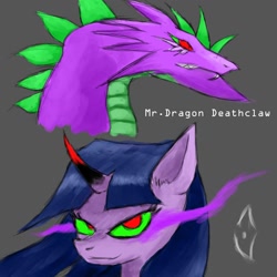 Size: 1024x1024 | Tagged: safe, artist:marky1212, artist:mrdragondeathclaw, imported from derpibooru, spike, twilight sparkle, dragon, pony, colored horn, colored sclera, corrupted, corrupted spike, corrupted twilight sparkle, curved horn, dark magic, dark spike, dark twilight, dark twilight sparkle, darklight, darklight sparkle, duo, evil spike, evil twilight, gray background, green sclera, horn, magic, older, older spike, possessed, possession, possesslight, possesslight sparkle, simple background, sombra eyes, sombra horn