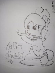 Size: 2976x3968 | Tagged: safe, artist:vani lakshmi, imported from derpibooru, oc, oc only, oc:saffron showers, earth pony, pony, project seaponycon, abhiyaan seaponycon, diya, female, lineart, mare, monochrome, pencil drawing, project saffron, sitting, smiling, solo, traditional art