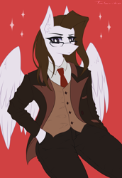 Size: 2747x4000 | Tagged: safe, artist:taleriko, imported from derpibooru, oc, oc only, oc:lane dark, anthro, pegasus, clothes, female, glasses, necktie, solo, suit, three piece suit