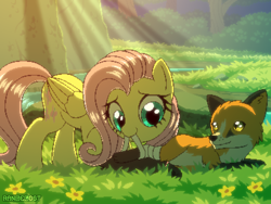 Size: 800x600 | Tagged: safe, artist:rangelost, imported from derpibooru, fluttershy, fox, pegasus, pony, bandage, crepuscular rays, cute, daaaaaaaaaaaw, dawwww, female, flower, forest, grass, kindness, mare, mouth hold, patreon, patreon reward, pixel art, river, scenery, shyabetes, smiling, stream, sunlight, water