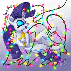 Size: 850x850 | Tagged: safe, artist:calena, imported from derpibooru, rarity, pony, unicorn, 2020, adorable face, christmas, christmas lights, cute, ear fluff, floating, happy, holiday, hug, lights, pillow, pillow hug, solo, tied