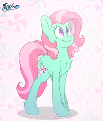 Size: 3000x3500 | Tagged: safe, artist:fluffyxai, imported from derpibooru, minty, earth pony, pony, abstract background, chest fluff, cute, female, mare, mintabetes, smiling, solo