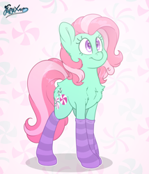 Size: 3000x3500 | Tagged: safe, artist:fluffyxai, imported from derpibooru, minty, earth pony, pony, abstract background, accessory, chest fluff, clothes, cute, female, fluffy, mare, mintabetes, smiling, socks, solo, striped socks, that pony sure does love socks