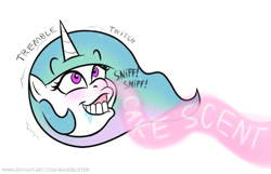 Size: 577x371 | Tagged: safe, artist:banebuster, imported from derpibooru, princess celestia, alicorn, pony, series:tiny tia, blushing, cake, cakelestia, drool, female, flehmen response, food, horses doing horse things, mare, simple background, sniffing, white background