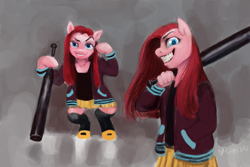 Size: 6000x4000 | Tagged: safe, artist:misstwipietwins, imported from derpibooru, pinkie pie, anthro, earth pony, pony, semi-anthro, baseball bat, clothes, grin, pinkamena diane pie, smiling, solo