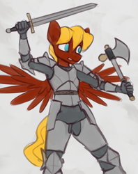 Size: 1193x1510 | Tagged: safe, artist:marsminer, imported from derpibooru, oc, oc only, oc:soul harmony, anthro, armor, axe, dual wield, male, solo, sword, weapon