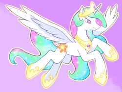 Size: 1024x768 | Tagged: safe, artist:makaroni923, imported from derpibooru, princess celestia, alicorn, pony, crown, female, flying, hoof shoes, jewelry, mare, pixiv, purple background, regalia, simple background, solo, spread wings, wings