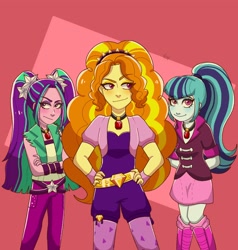 Size: 1950x2048 | Tagged: safe, artist:kaela_owo, imported from derpibooru, adagio dazzle, aria blaze, sonata dusk, equestria girls, rainbow rocks, abstract background, crossed arms, female, gem, hand on hip, siren gem, smiling, smirk, the dazzlings, trio, trio female