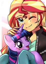 Size: 1280x1768 | Tagged: safe, artist:hanasakiyunarin, imported from derpibooru, sunset shimmer, twilight sparkle, human, pony, equestria girls, cute, female, human on pony action, interspecies, lesbian, petting, shipping, sunsetsparkle