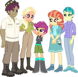 Size: 1920x1892 | Tagged: safe, artist:limedazzle, imported from derpibooru, aunt holiday, auntie lofty, mane allgood, scootaloo, snap shutter, equestria girls, belt, boots, clothes, commission, equestria girls-ified, family, female, hat, high heel boots, jeans, male, pants, shoes, show accurate, simple background, transparent background, vector