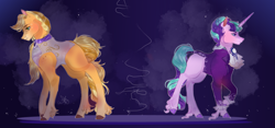 Size: 1327x622 | Tagged: safe, artist:bunnari, imported from derpibooru, applejack, starlight glimmer, pony, clothes