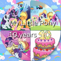 Size: 1080x1080 | Tagged: safe, artist:grandescartoons, edit, edited screencap, imported from derpibooru, screencap, applejack, fluttershy, pinkie pie, rainbow dash, rarity, twilight sparkle, alicorn, earth pony, pegasus, pony, unicorn, all bottled up, cute-pocalypse meow, my little pony: pony life, spoiler:pony life s01e03, anniversary, best friends until the end of time, cake, food, g4.5, group hug, happy birthday mlp:fim, hug, mane six opening poses, my little pony, sunglasses, twilight sparkle (alicorn), unicorn twilight