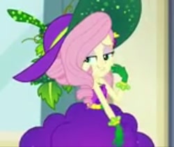 Size: 784x661 | Tagged: safe, imported from derpibooru, screencap, fluttershy, equestria girls, equestria girls series, holidays unwrapped, spoiler:eqg series (season 2), bad quality, clothes, cornucopia costumes, dress, fruit, gloves, hat, o come all ye squashful, sun hat