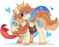 Size: 2500x2000 | Tagged: safe, artist:liquorice_sweet, imported from derpibooru, oc, oc only, pegasus, pony, abstract background, bag, clothes, eye clipping through hair, newspaper, saddle bag, scarf, smiling, solo, wing hold