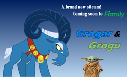 Size: 2292x1403 | Tagged: safe, artist:fercho262, imported from derpibooru, screencap, grogar, sheep, advertisement, antagonist, baby yoda, beard, collar, cute, discovery family, discovery family logo, eyebrows, facial hair, fangs, glare, grogu, horns, male, poster, ram, sitcom, spoilers for another series, star wars, the mandalorian