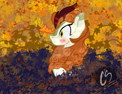 Size: 1024x792 | Tagged: safe, artist:adhiguna, artist:johnathon-matthews, imported from derpibooru, autumn blaze, kirin, autumn, blushing, bush, deviantart watermark, foliage, leaf, leaves, obtrusive watermark, watermark