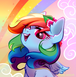 Size: 771x780 | Tagged: safe, artist:rrd-artist, imported from derpibooru, part of a set, rainbow dash, pegasus, pony, abstract background, bust, chest fluff, female, flower, flower in hair, lidded eyes, looking at you, mare, open mouth, portrait, rainbow, small wings, smiling, solo, wings