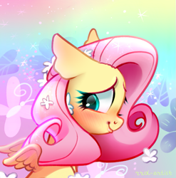 Size: 771x780 | Tagged: safe, artist:rrd-artist, imported from derpibooru, part of a set, fluttershy, pegasus, pony, abstract background, blushing, bust, cute, female, flower, flower in hair, looking away, looking down, mare, portrait, profile, shyabetes, small wings, smiling, solo, spread wings, wings