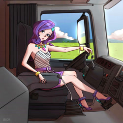 Size: 1692x1692 | Tagged: safe, artist:ilacavgbmjc, imported from derpibooru, kotobukiya, rarity, human, equestria girls, backless, bare shoulders, car interior, clothes, denim skirt, driving, female, high heels, humanized, kotobukiya rarity, looking at you, miniskirt, pedal, pedaling, rarity peplum dress, shoes, shoulderless, skirt, sleeveless, sleveless, solo, stiletto heels, strapless, truck