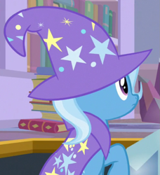 Size: 749x821 | Tagged: safe, imported from derpibooru, screencap, trixie, pony, unicorn, the ending of the end, cape, clothes, cropped, hat, raised hoof, solo, trixie's cape, trixie's hat